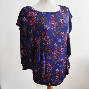 Free People Long Sleeve Pullover Top • Deep Rich Blue Floral Color • Size Small